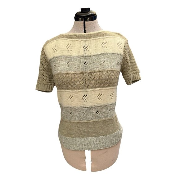 Vintage Kenneth Too Open Knit Short Sleeve Sweater Heather Grey Cream Khaki USA - Picture 2 of 12